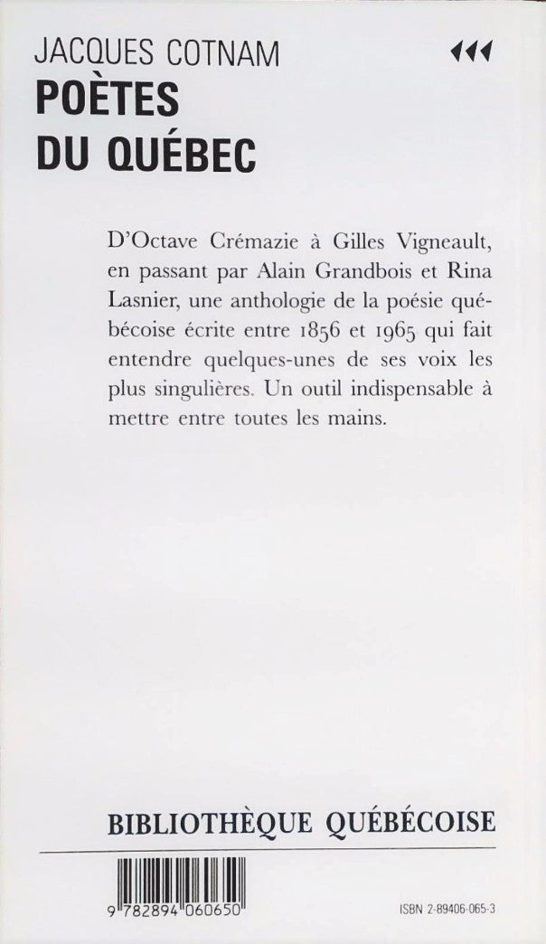Livre Poètes du Québec - Jacques Cotnam (Livre d'occasion) - ISBN 2894060653