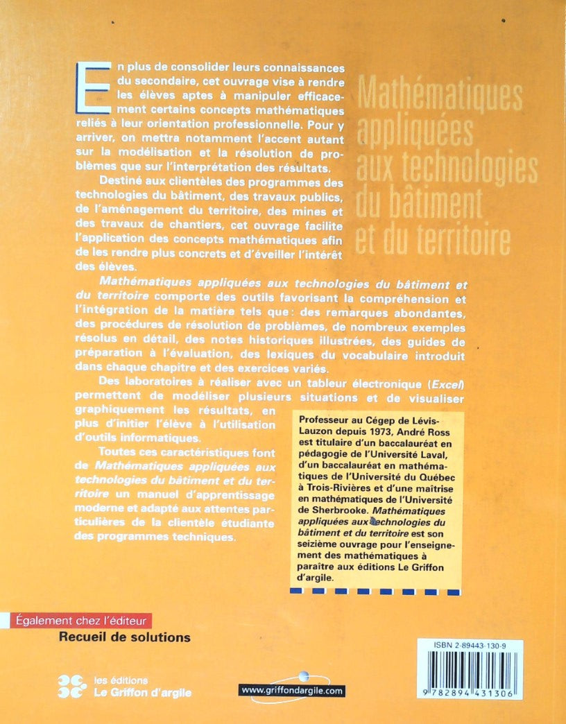 Livre Mathématiques appliquées aux technologies du bâtiment et du territoire (André Ross) (Livre...