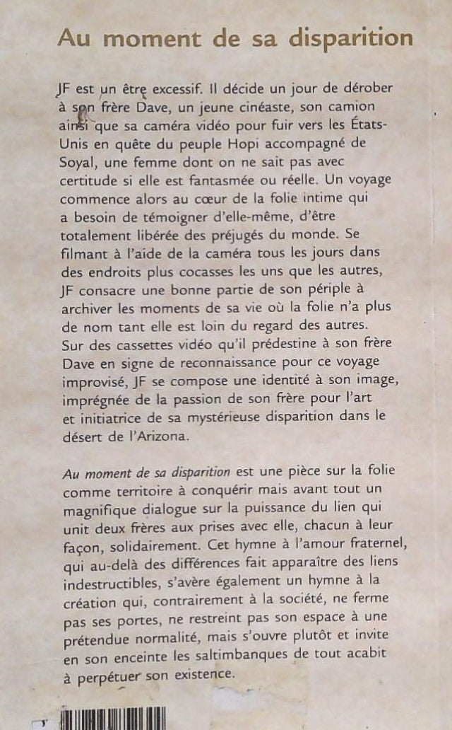 Livre Au moment de sa disparition - Jean-Frédéric Messier (Livre d'occasion) - ISBN 2894852649