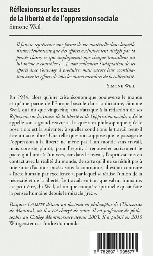 Livre Réflexions sur les causes de la liberté et de l’oppression sociale - Simone Weil (Livre d'o...