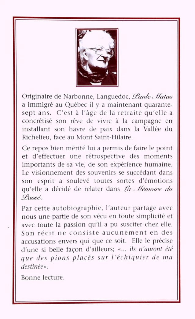 Livre La mémoire du passé - Paul Matas (Livre neuf)