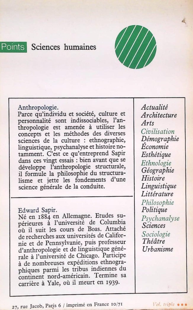 Livre Antropologie - Edward Sapir (Livre d'occasion)