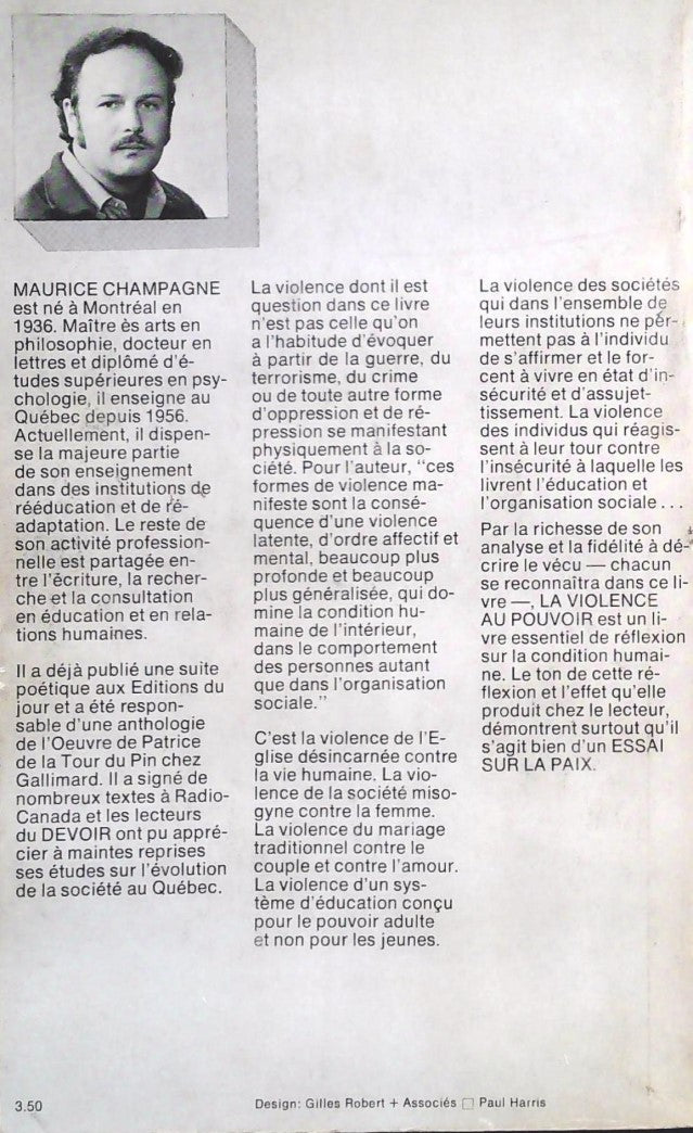Livre La violence au pouvoir : Essai sur la paix - Maurice Champagne (Livre d'occasion)