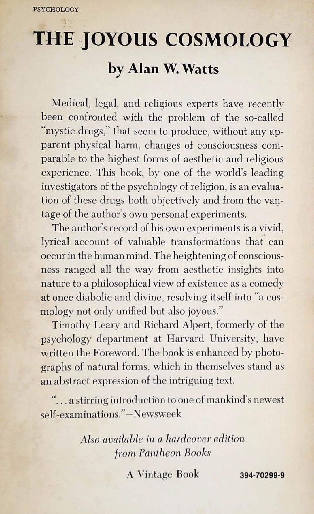 The Joyous Cosmology : Adventures in the Chimistry of Conciousness (Alan W.Watts)