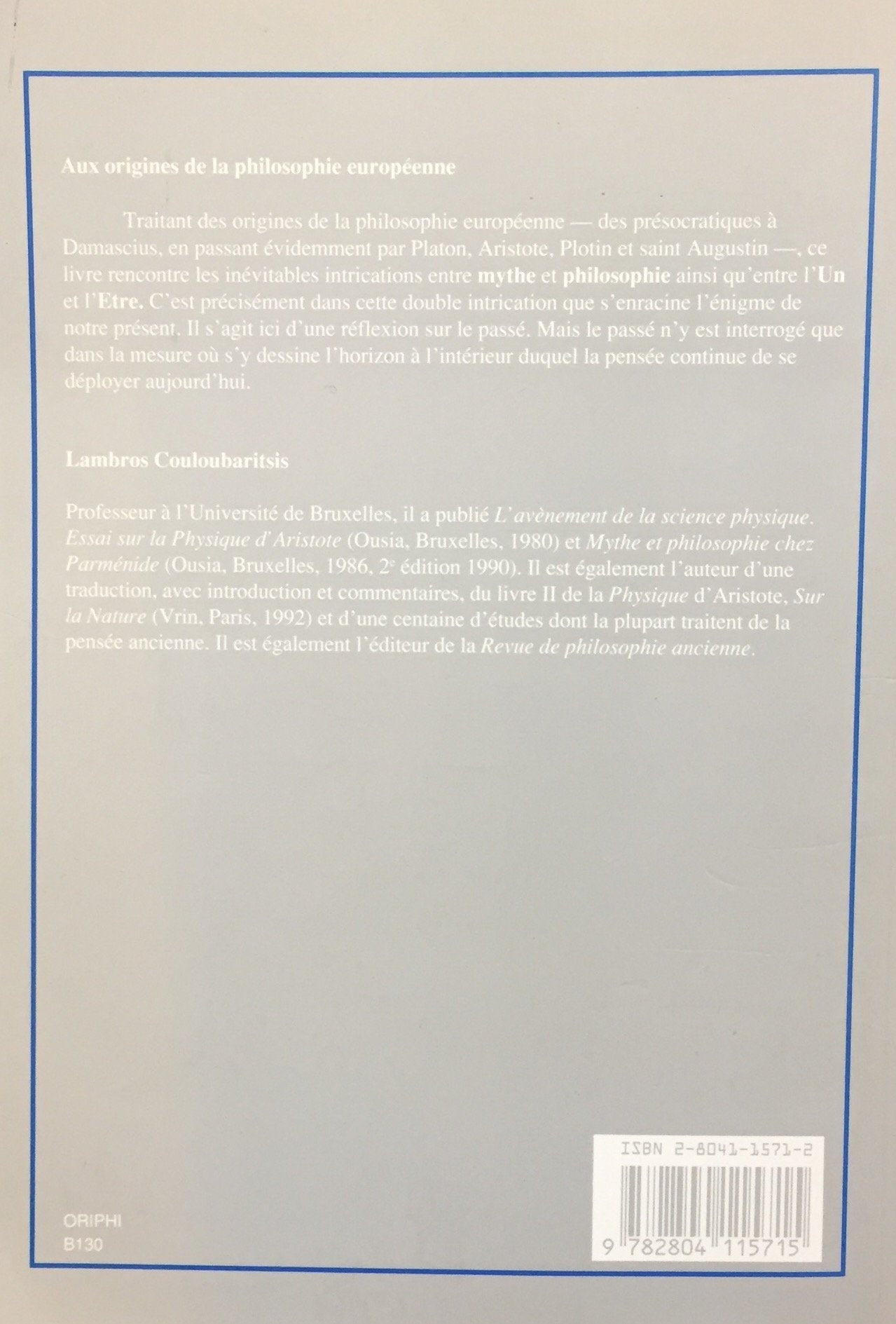 Aux origines de la philosophie européenne (Lambros Couloubaritsis)