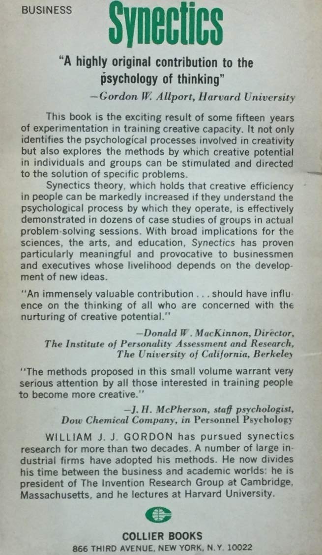 Livre Synectics the Development of Creative Capacity - William J. J. Gordon (Livre d'occasion) - ...