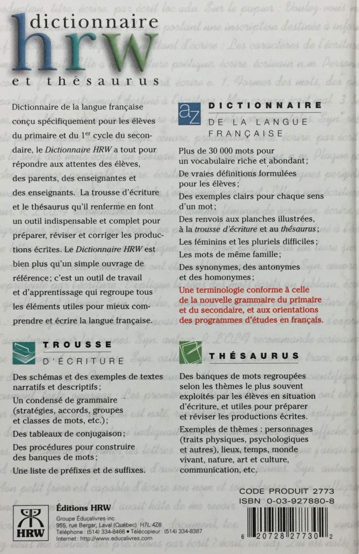 Livre Dictionnaire HRW et Thésaurus - Collectif (Livre d'occasion) - ISBN 0039278808