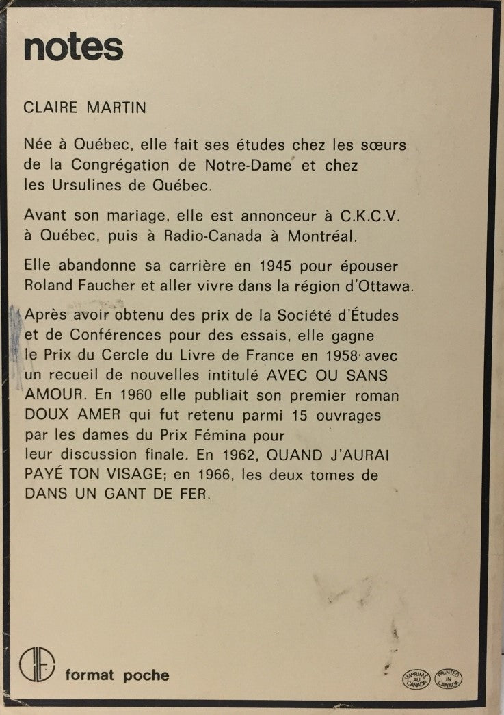 Livre Doux amer - Claire Martin (Livre d'occasion) - ISBN 0775300764