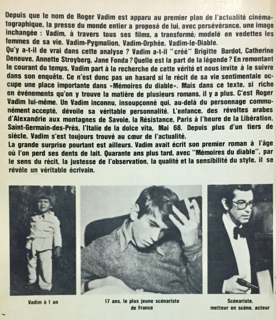 Livre Mémoires du diable - Roger Vadim (Livre d'occasion) - ISBN 0777701588