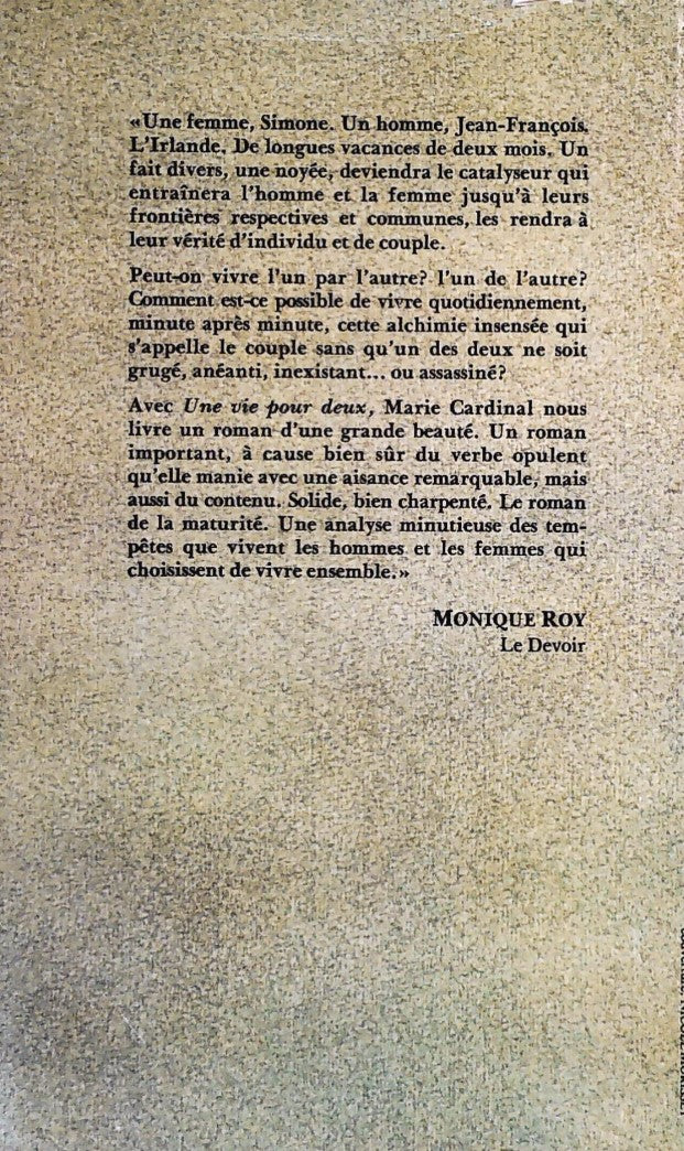 Livre Une vie pour deux - Marie Cardinal (Livre d'occasion) - ISBN 088515102X