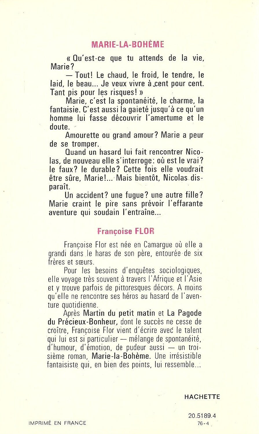 Livre Marie-la-bohème - Françoise Flor (Livre d'occasion) - ISBN 201003077X