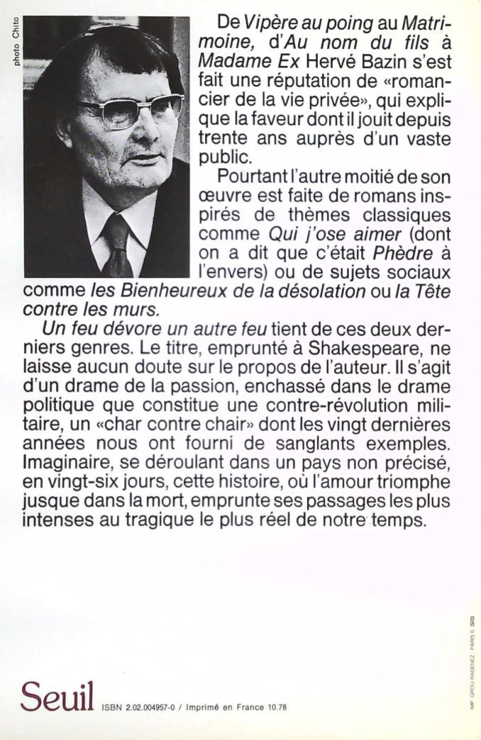 Livre Un feu dévore un autre feu - Hervé Bazin (Livre d'occasion) - ISBN 2020049570