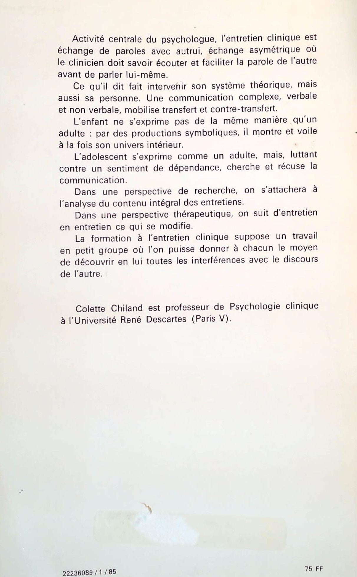 Livre L'entretien clinique - Collette Chiland (Livre d'occasion) - ISBN 213038756X