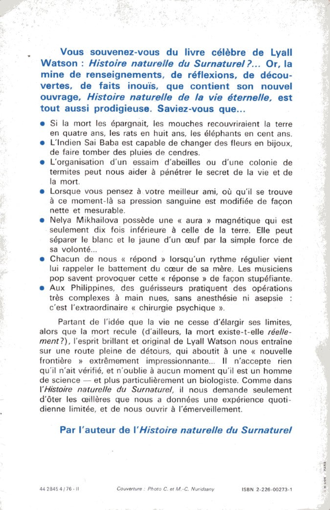 Livre Histoire naturelle de la vie éternelle ou l'erreur de Roméo - Lyall watson (Livre d'occasio...
