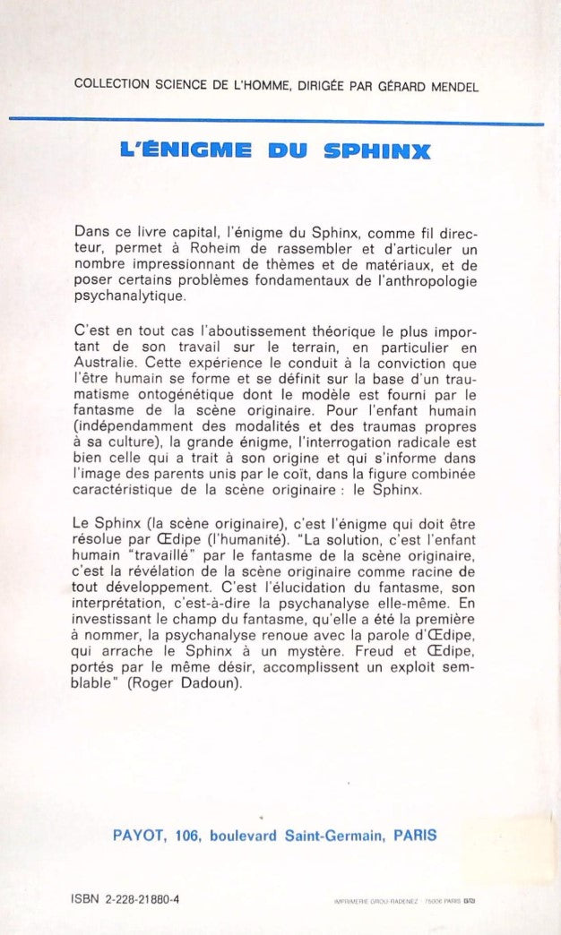 Livre L'énigme du sphinx - Géza Roheim (Livre d'occasion) - ISBN 2228218804