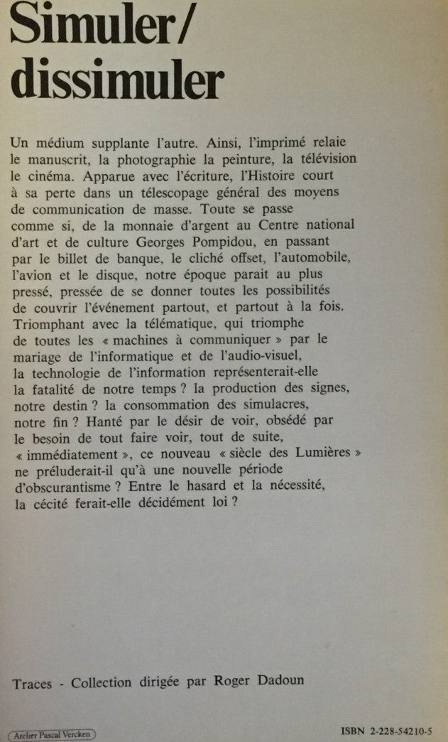 Livre Simuler - Dissimuler : Essai sur les simulacres de masse - Jacques Monnier-Raball (Livre d'...