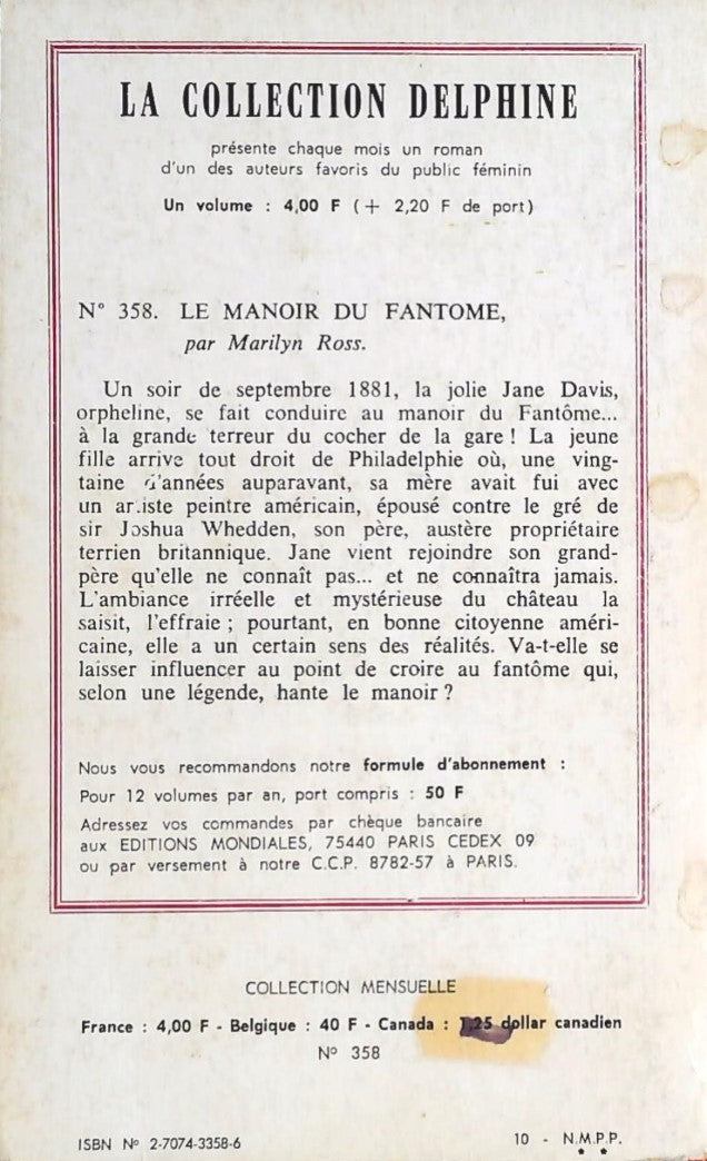 Livre Le manoir fu fantôme - Marilyn Ross (Livre d'occasion) - ISBN 2707433586