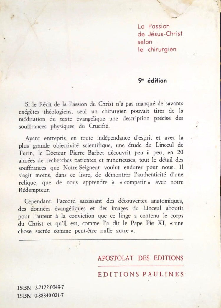 Livre La passion de Jésus-Christ selon le chirurgier - Dr P. Barbet (Livre d'occasion) - ISBN 271...