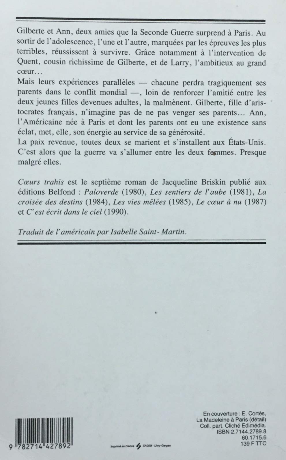 Livre Coeurs trahis - Jacqueline Briskin (Livre d'occasion) - ISBN 2714427898
