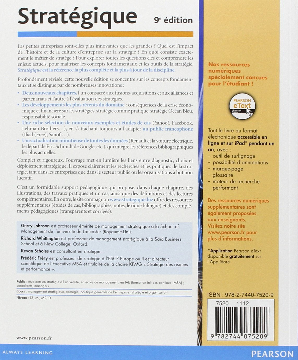 Livre Stratégique (9e édition) - Gerry Johnson (Livre d'occasion) - ISBN 2744075205