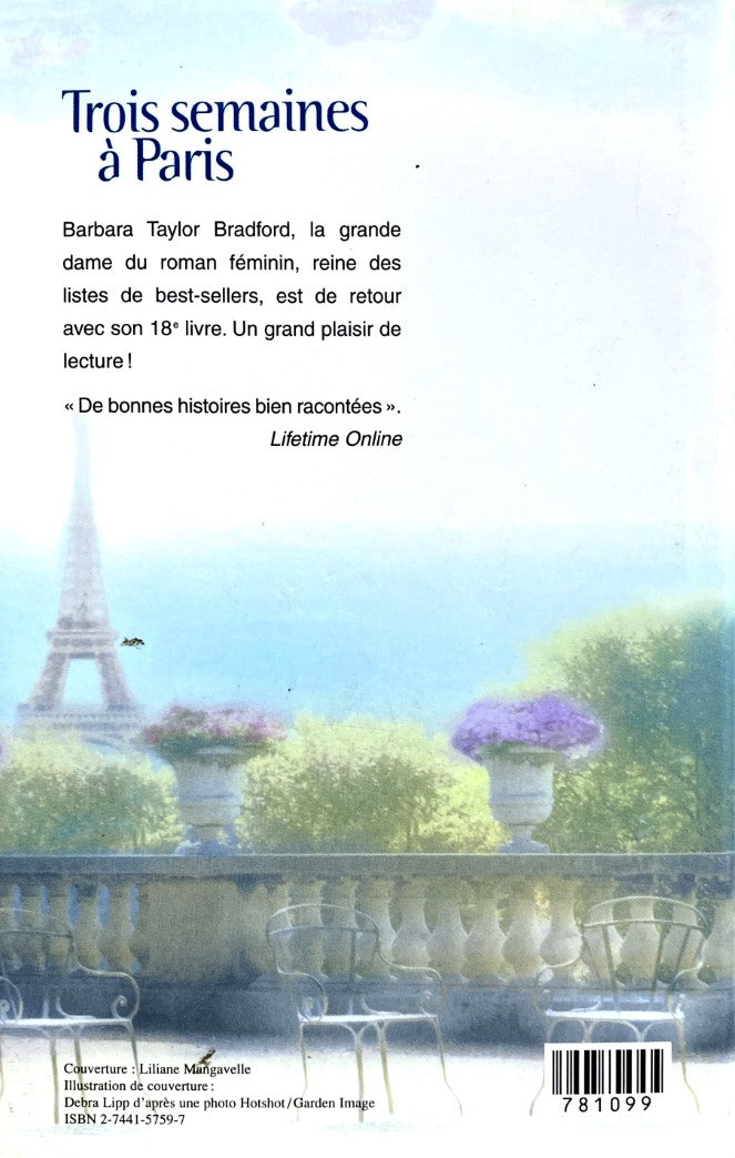 Livre Trois semaine à Paris - Barbara Taylor Bradford (Livre d'occasion) - ISBN 2744157597