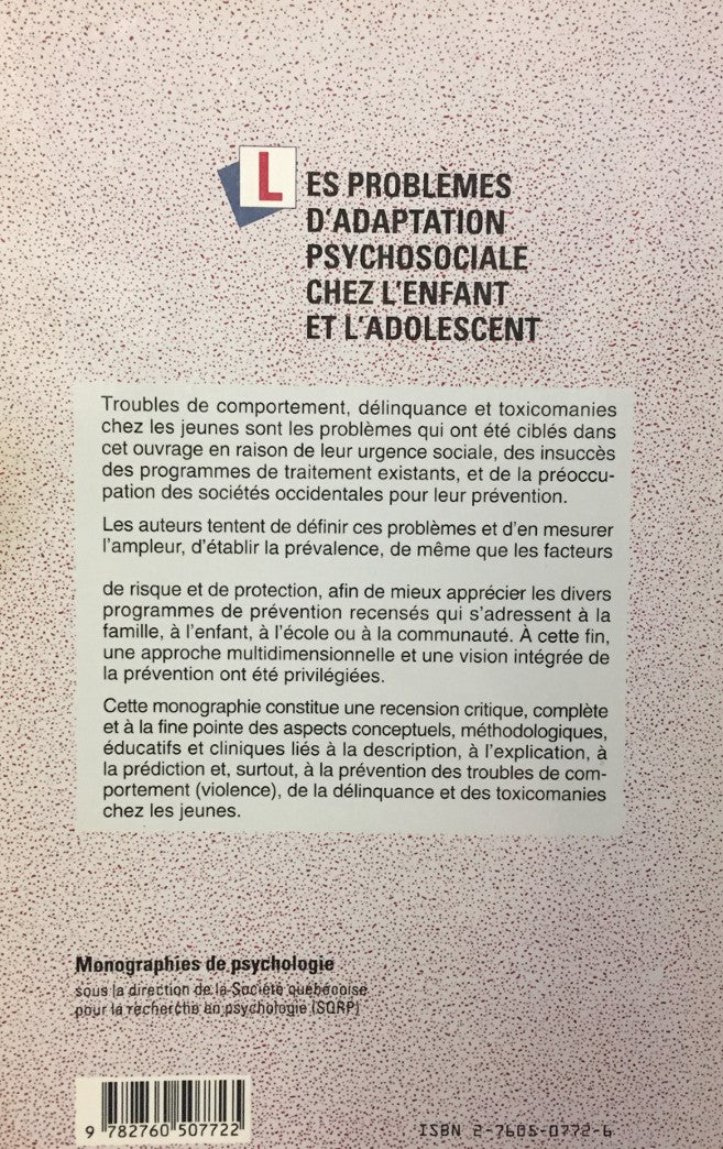 Livre Les problèmes d'adaptation psychosociale chez l'enfant et l'adolescent : Prévalence, déterm...