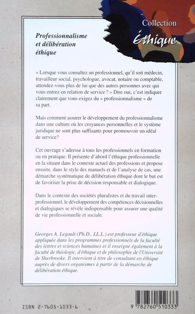 Livre Professionnalisme et délibération éthique - Georges A. Legault (Livre d'occasion) - ISBN 27...