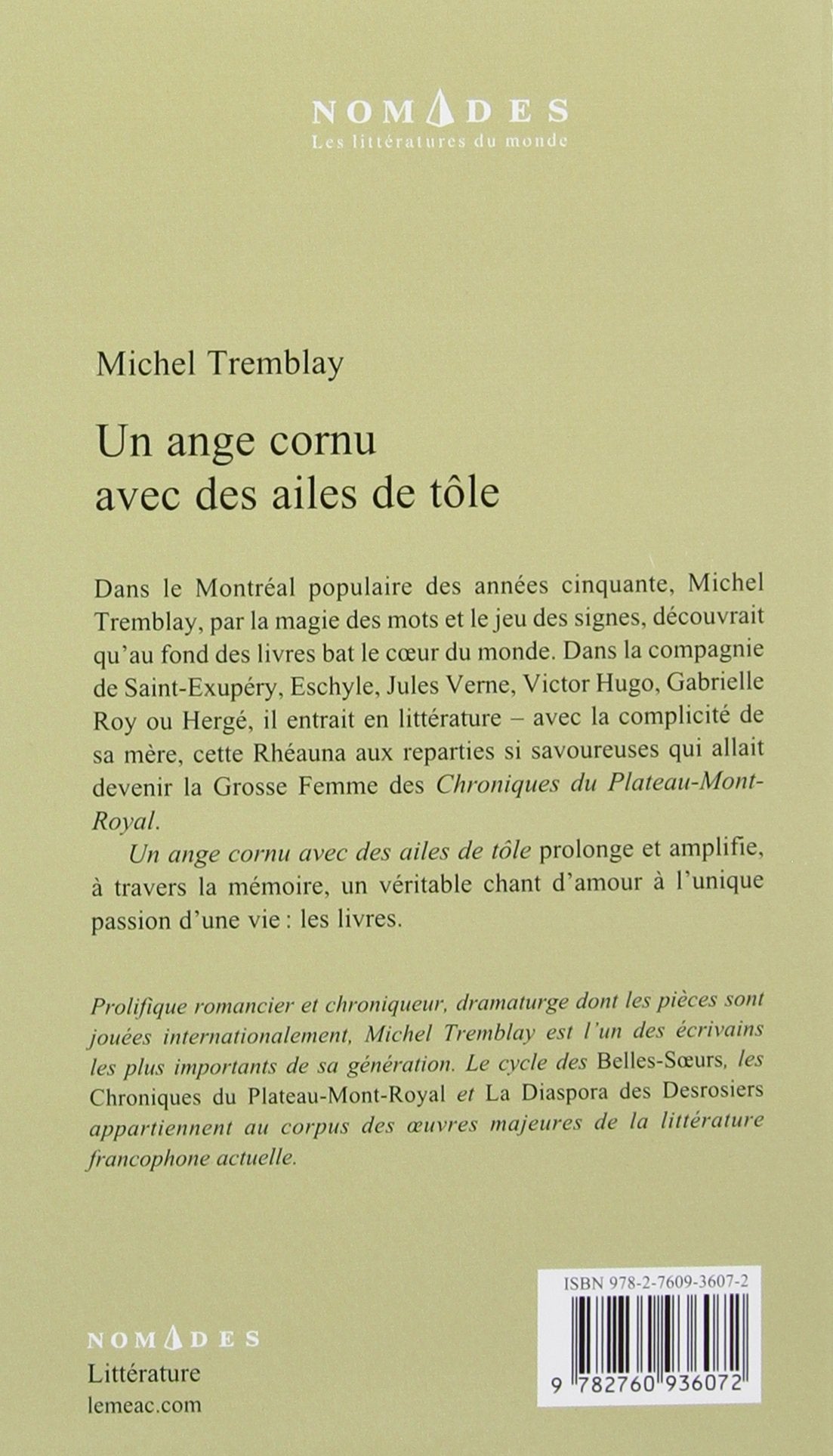 Livre Un ange cornu avec des ailes de tôle - Michel Tremblay (Livre d'occasion) - ISBN 2760936074