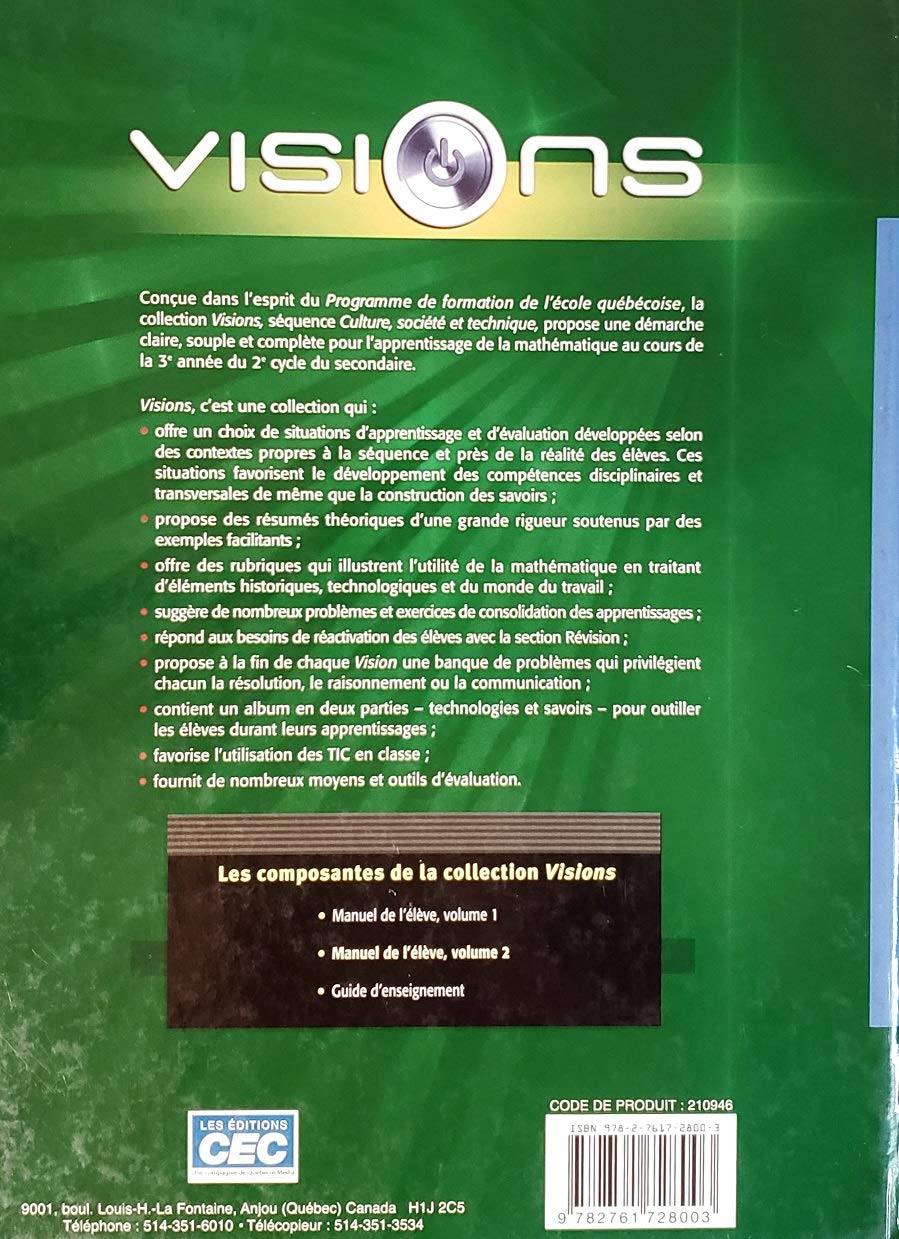 Livre Vision Mathématique (3e année du 2e cycle du secondaire) (Livre d'occasion) - ISBN 2761728009