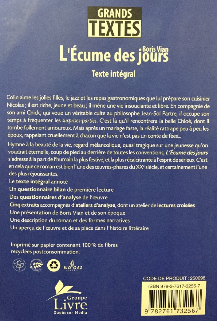 Livre L'écume des jours - Boris Vian (Livre d'occasion) - ISBN 2761732561