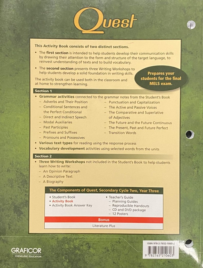 Livre Quest: English as a second language, Secondary cycle two year three, Activity book - Collec...