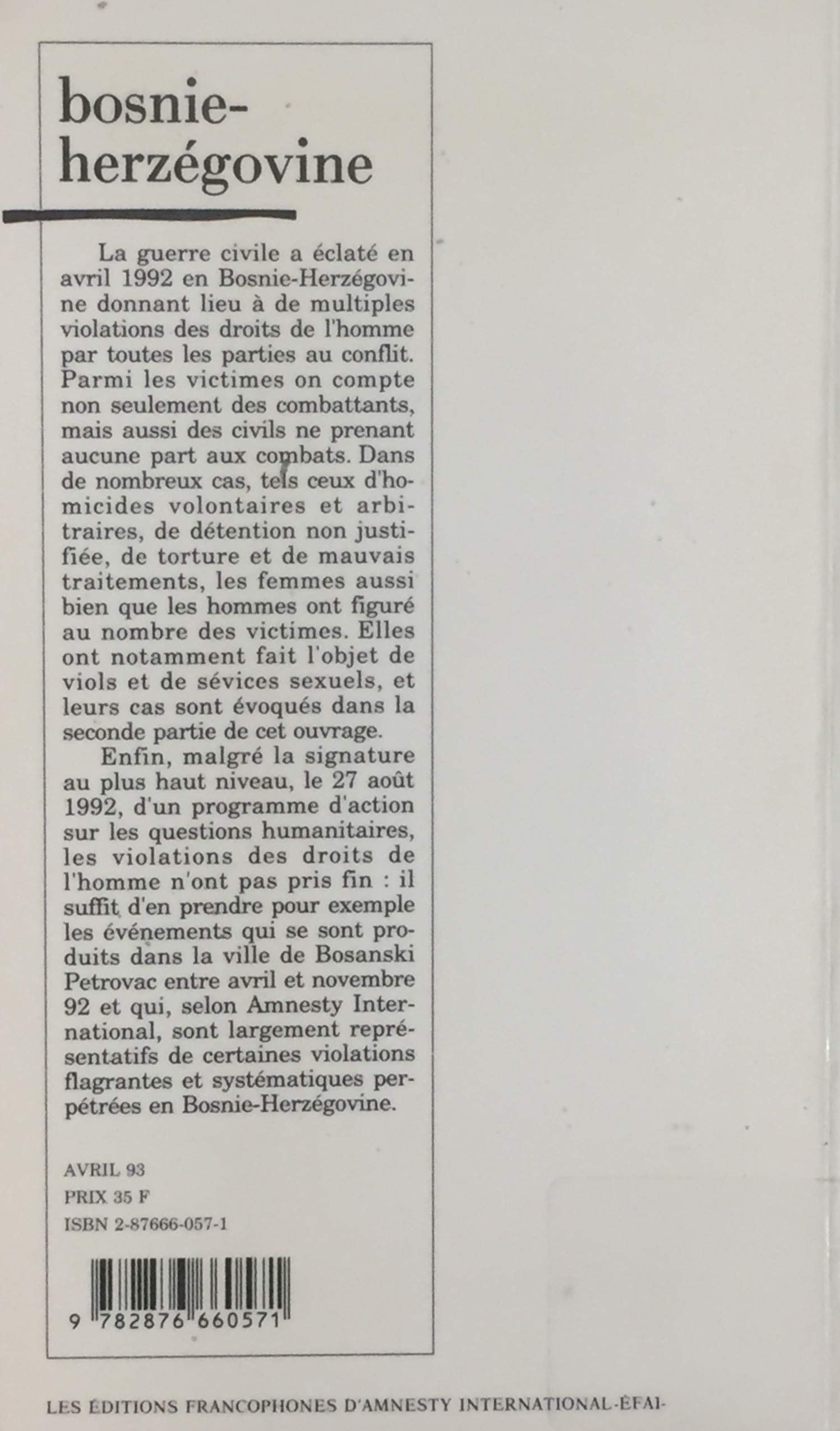 Livre Bosnie-Herzégovine : Une nouvelle barbarie - Amnistie Internationale (Livre d'occasion) - I...