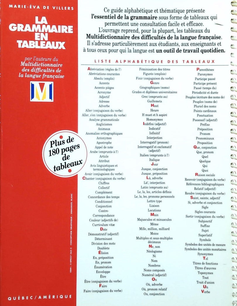 Livre La grammaire en tableaux - Marie-Éva De Villiers (Livre d'occasion) - ISBN 2890375633