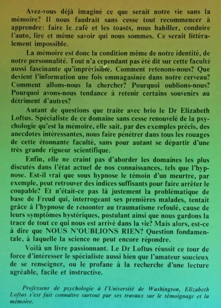 Livre La mémoire : comment nous nous souvenons et pourquoi nous oublions - Elizabeth Loftus (Livr...