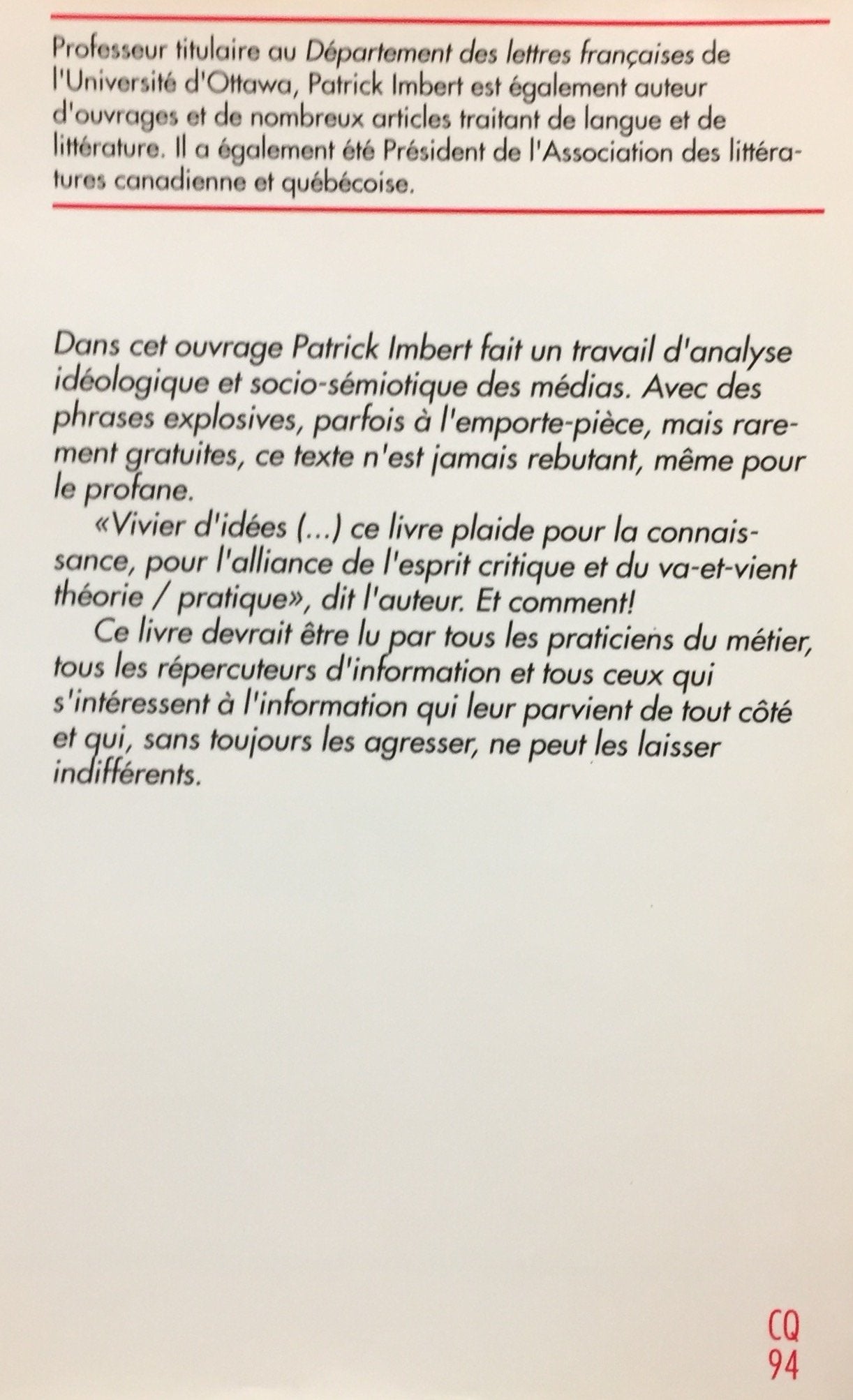 Livre L'objectivité de la presse : Le 4e pouvoir en otage - Patrick Imbert (Livre d'occasion) - I...