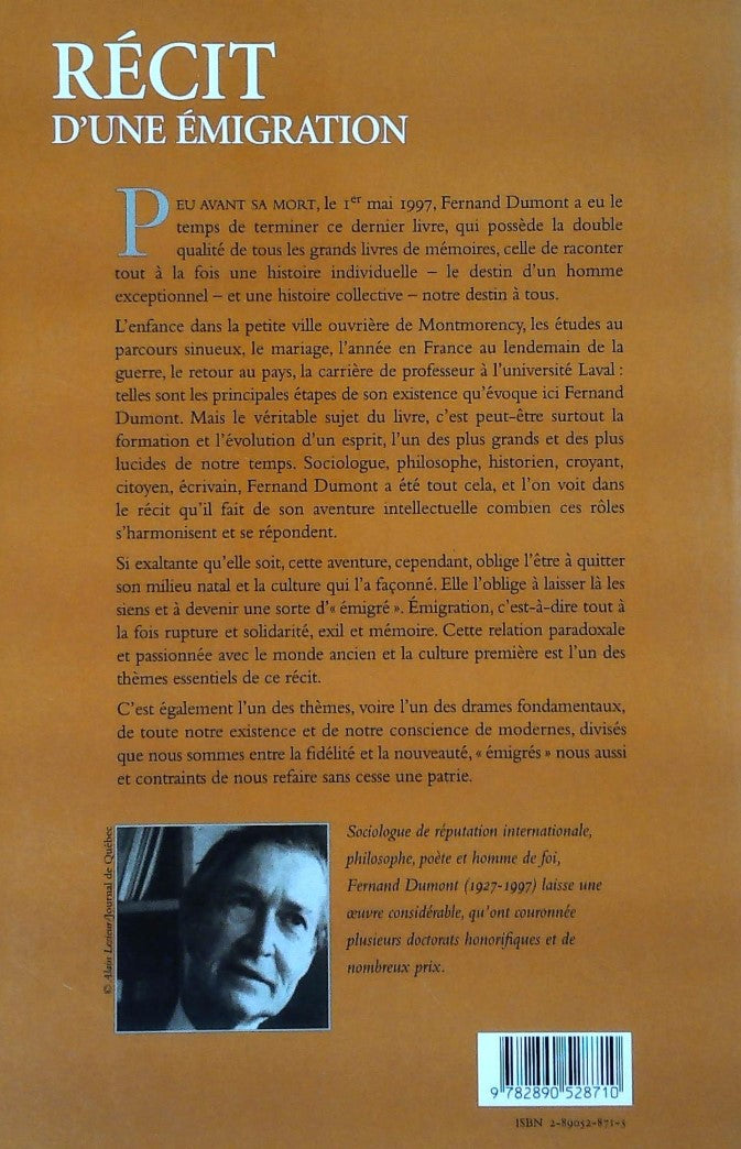 Livre Récit d'une émigration: Mémoires (Fernand Dumont) (Livre neuf) - ISBN 2890528715