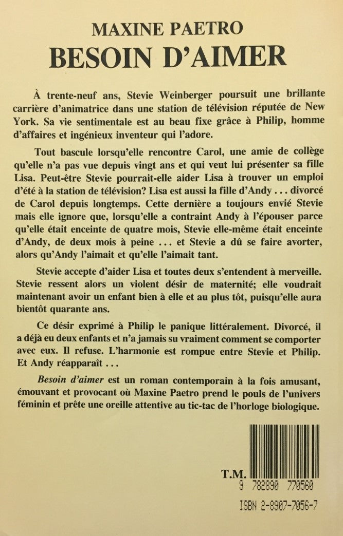 Livre Besoin d'aimer - Maxine Paetro (Livre d'occasion) - ISBN 2890770567
