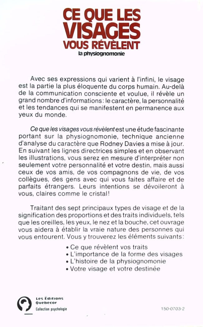 Livre Ce que les visages vous révèlent : La physiognomonie - Rodney Davies (Livre d'occasion) - I...