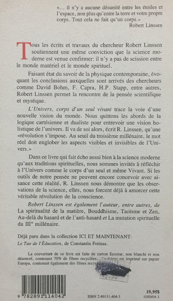 Livre L'Univers : corps vivant d'un seul vivant - Robert Linssen (Livre d'occasion) - ISBN 289111...