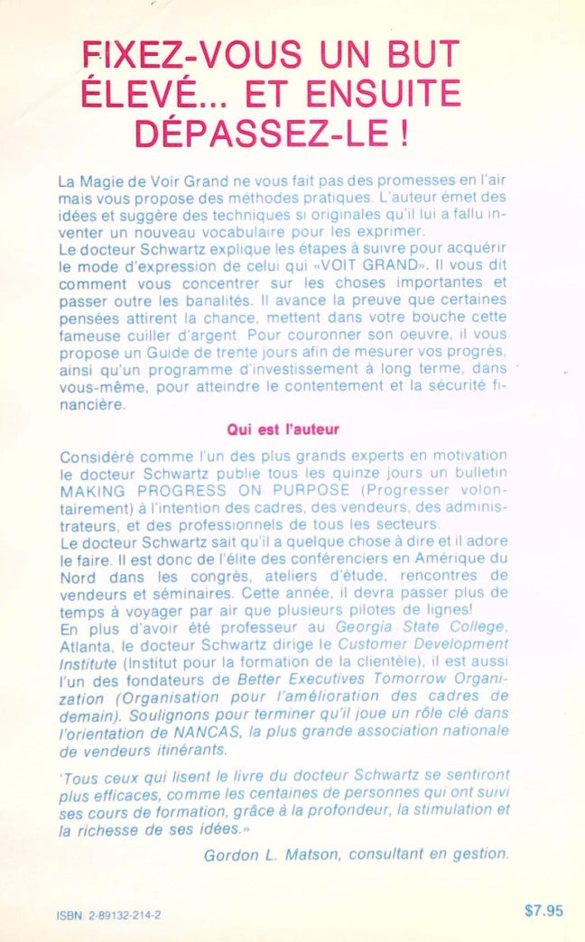 Livre La magie de voir grand - David J. Schwartz (Livre d'occasion) - ISBN 2891322142