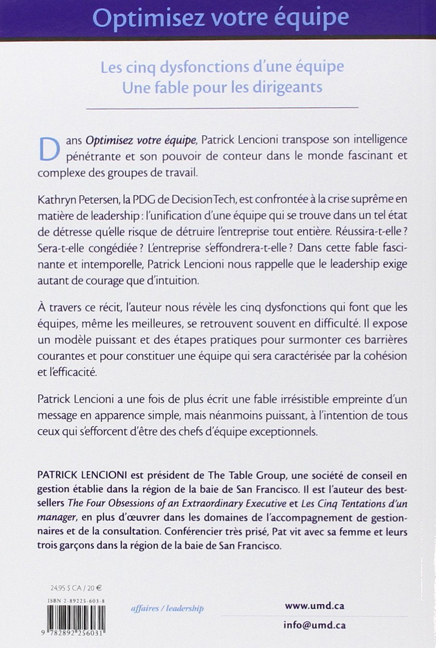 Livre Optimisez votre équipe - Patrick Lencioni (Livre d'occasion) - ISBN 2892256038