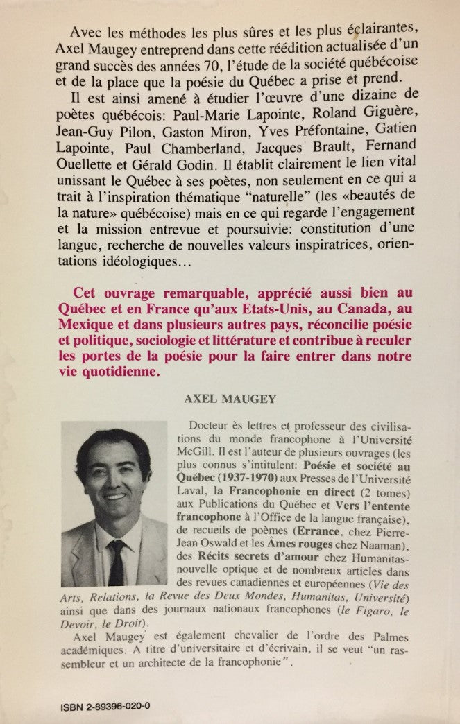 Livre La poésie moderne québécoise - Axel Maugey (Livre d'occasion) - ISBN 2893960200