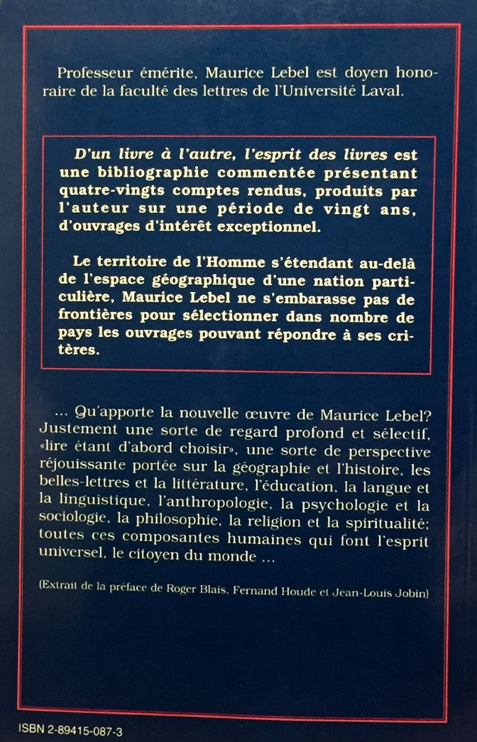 Livre D'un livre à l'autre : L'esprit des livres - Maurice Lebel (Livre d'occasion) - ISBN 289415...