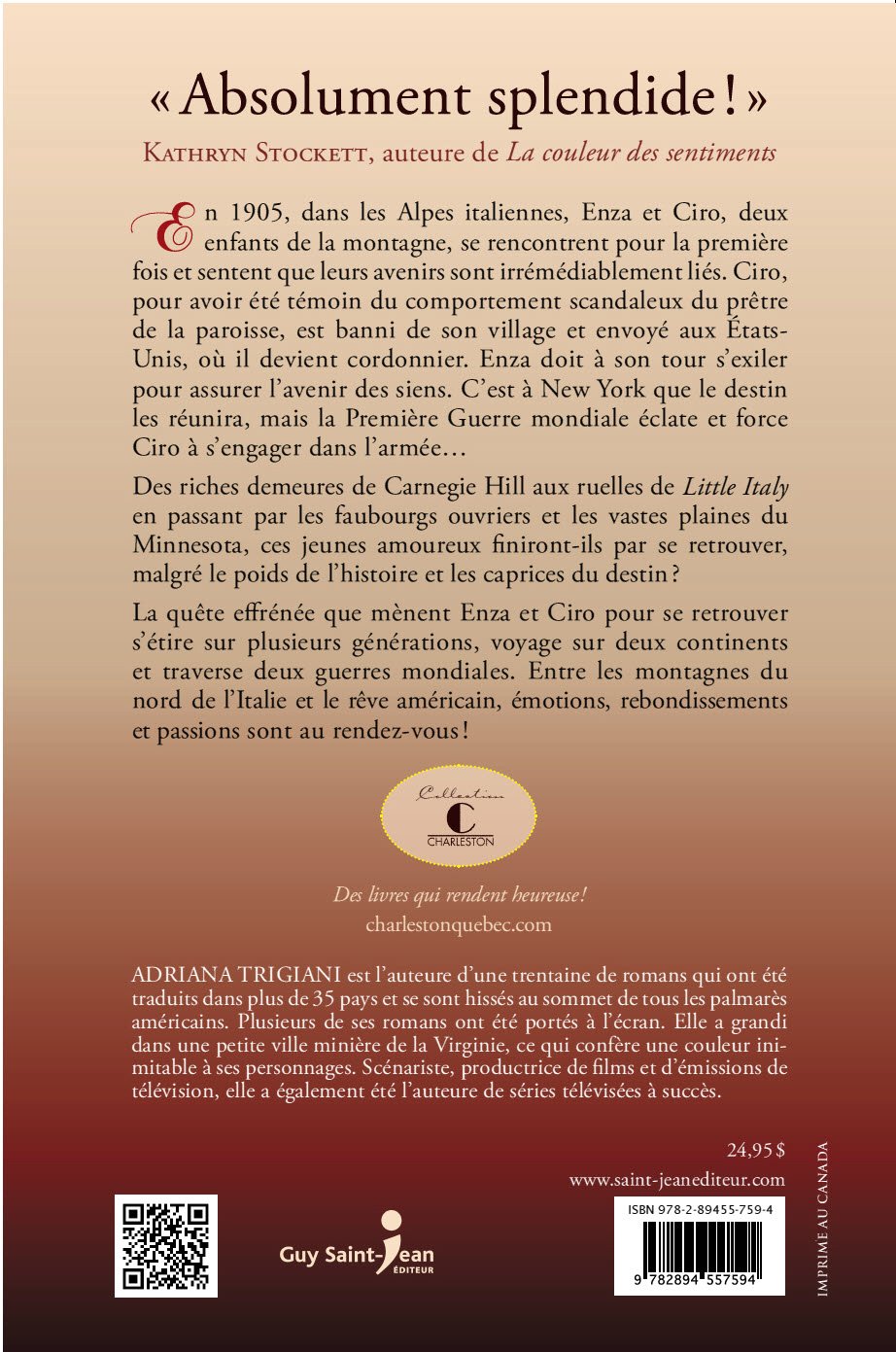 Livre L'italienne - Adriana Trigiani (Livre d'occasion) - ISBN 2894557590