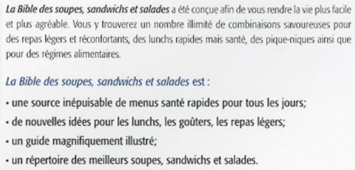 Livre La bible des soupes, sandwitches et salades (Marie-Claude Morin, Louise Rivard) (Livre...
