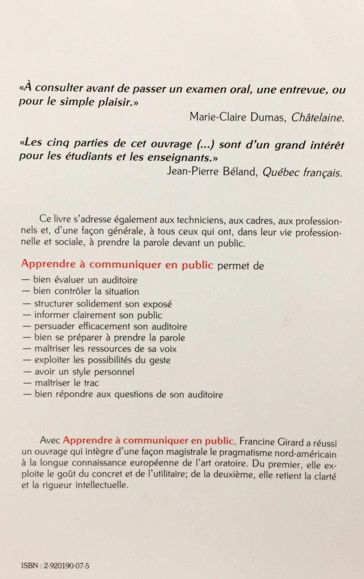 Livre Apprendre à communiquer en public - Francine Girard (Livre d'occasion) - ISBN 2920190075