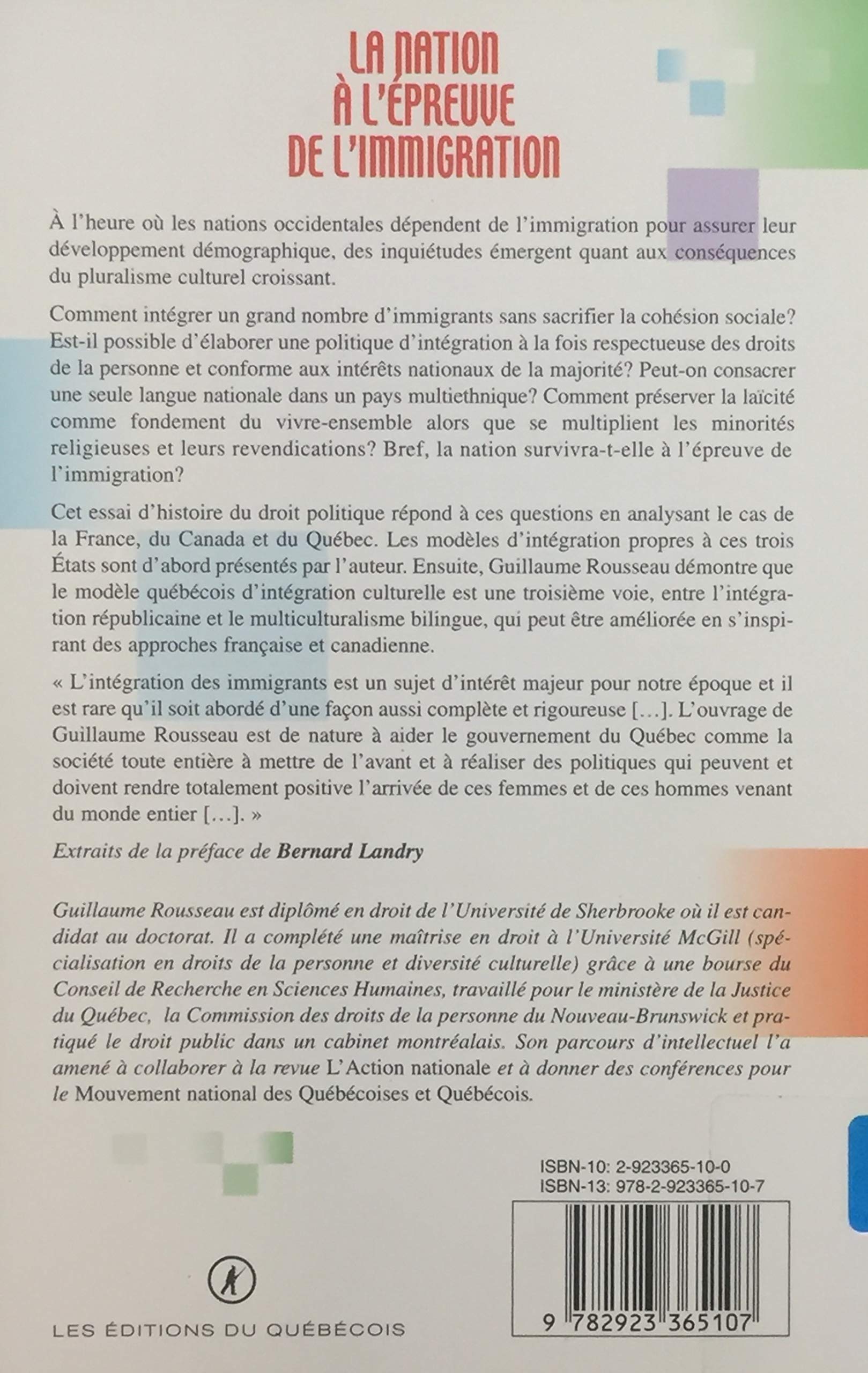 Livre La nation à l'épreuve de l'immigration - Guillaume Rousseau (Livre d'occasion) - ISBN 29233...