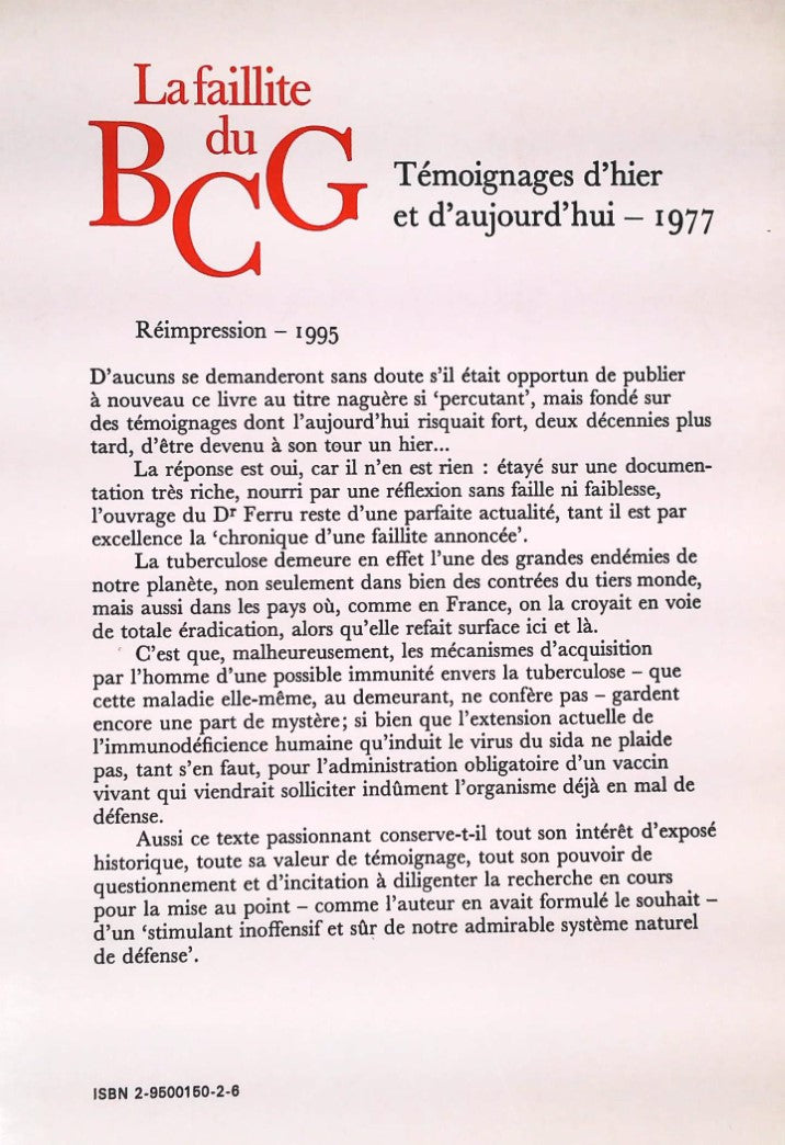 Livre La faillite du BCG : Témoignages d'hier et d'aujourd'hui - Dr Marcel Ferru (Livre d'occasio...
