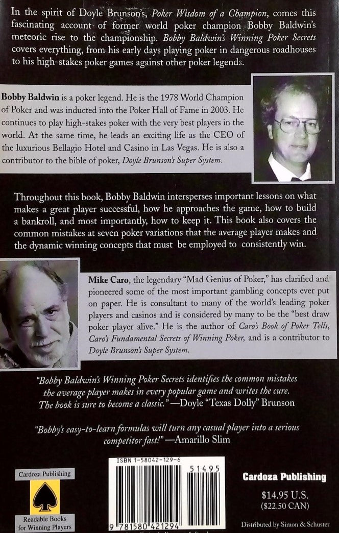 Livre Winning Poker Secrets - Boddy Baldwin's (Livre d'occasion) - ISBN 1580421296