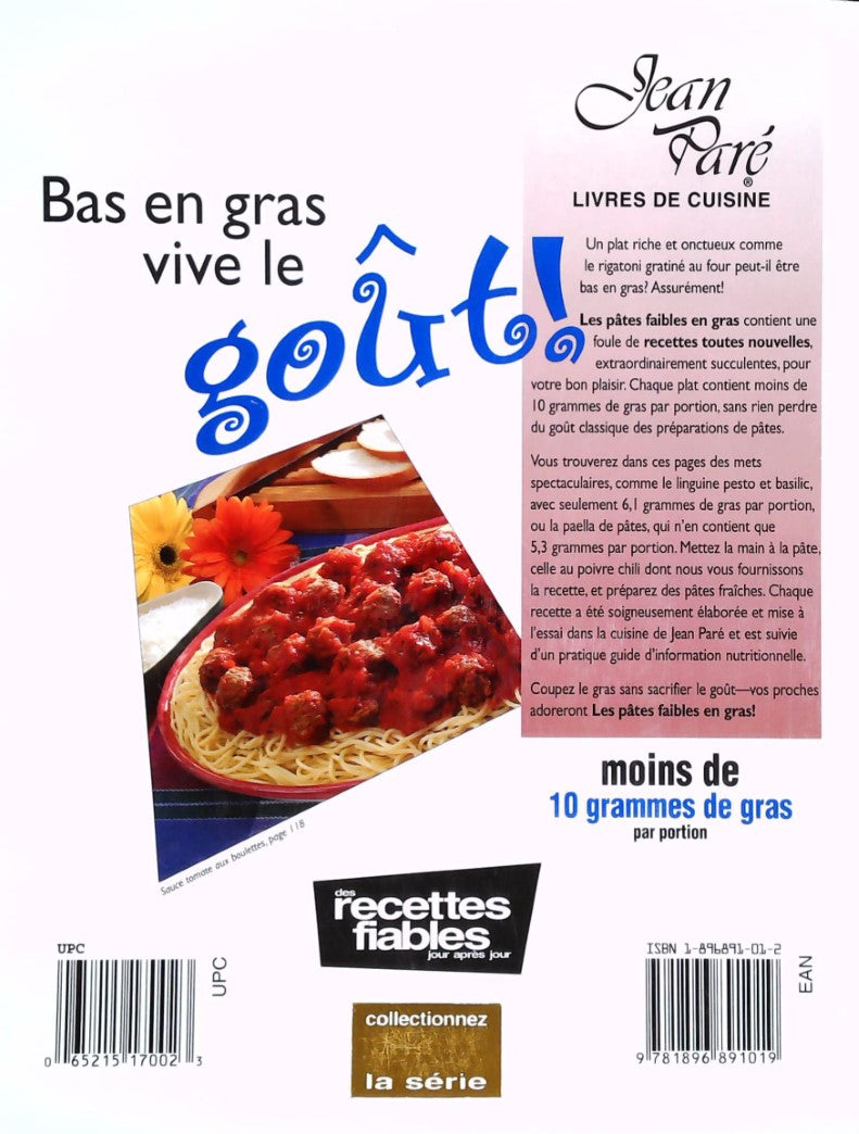 Livre Les pâtes faibles en gras - Jean Paré (Livre d'occasion) - ISBN 1896891012